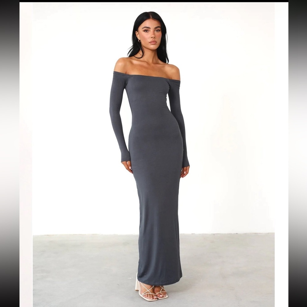 Viral Iris Charcoal Maxi Dress Off the Shoulder